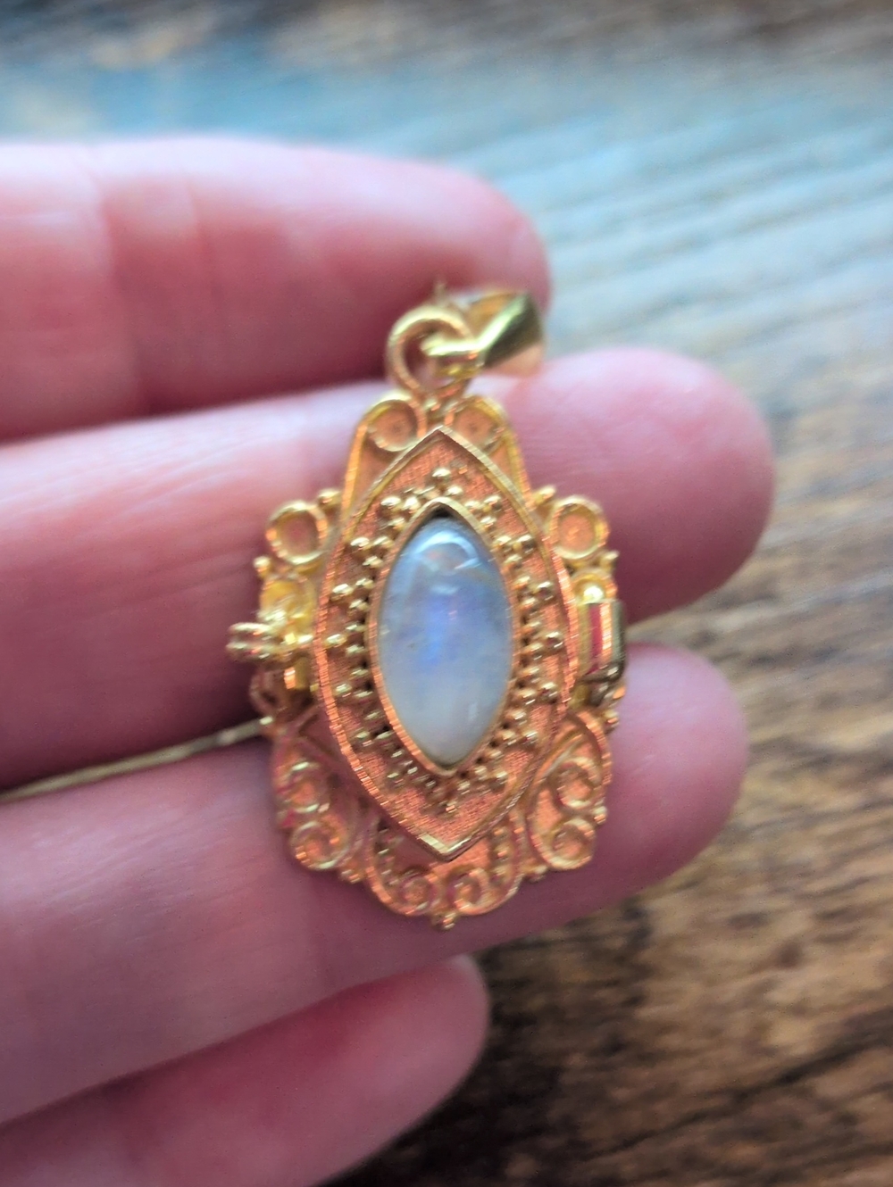 Gold Filigree Moonstone Pendant Necklace - Elegant Locket